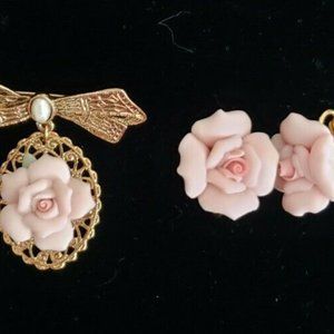 Pink Rose Bud Pin Brooch With Bow And Matching Clip-on Rose Bud Earrings